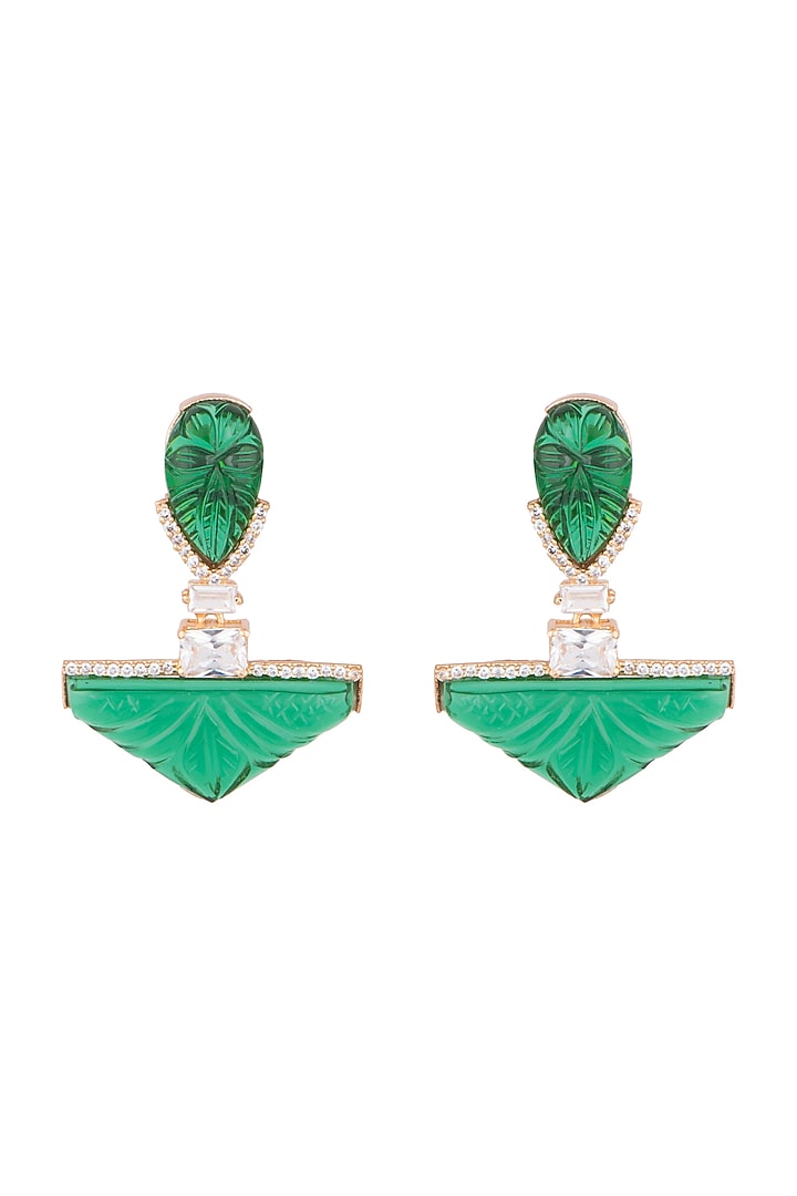 Gold Finish Zircon & Green Stone Earrings by VASTRAA Jewellery at Pernia's Pop Up Shop