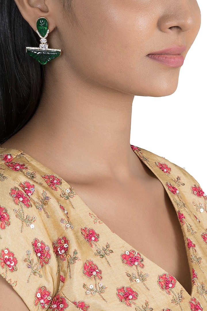 Gold Finish Zircon & Green Stone Earrings by VASTRAA Jewellery
