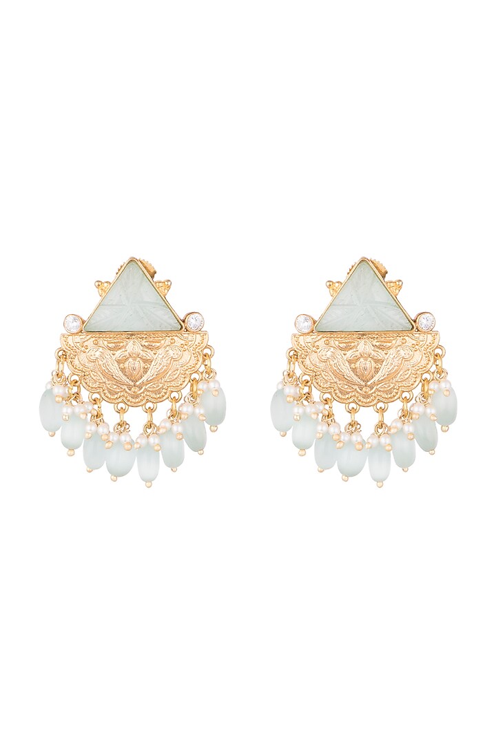 Gold Finish Blue Stone & Faux Pearl Earrings by VASTRAA Jewellery at Pernia's Pop Up Shop