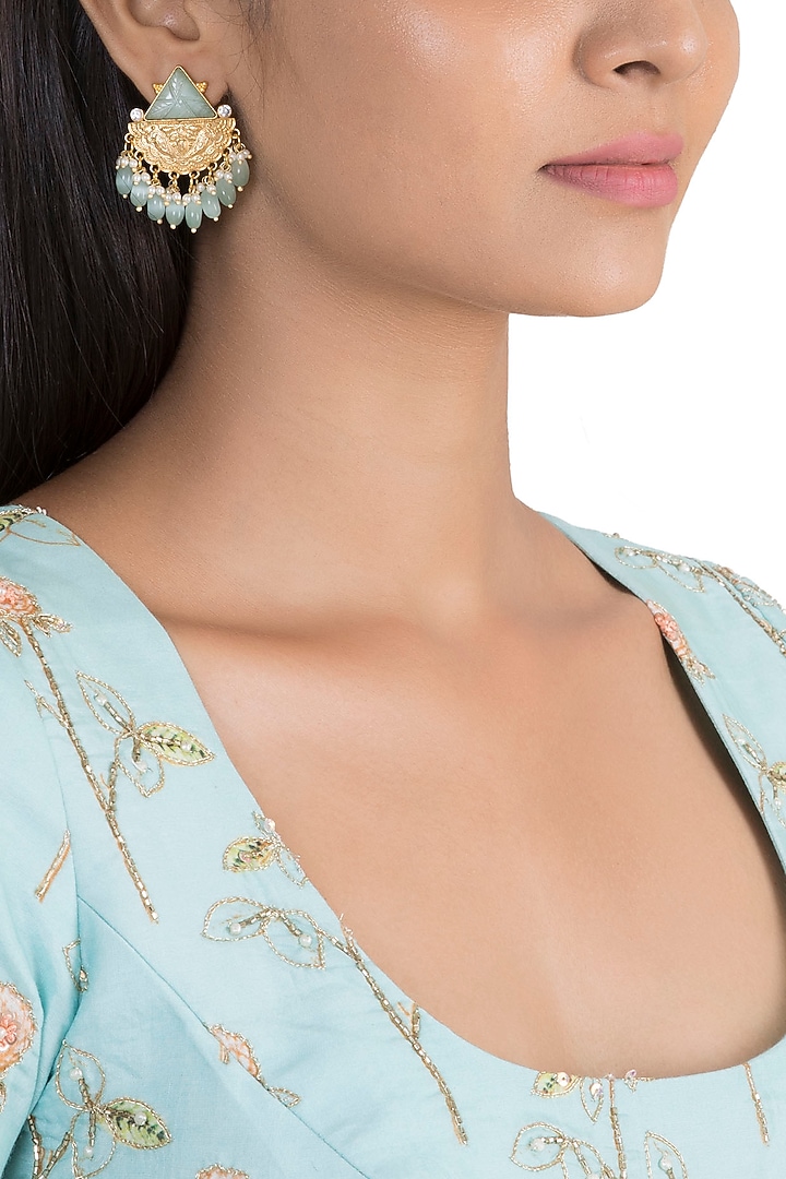 Gold Finish Blue Stone & Faux Pearl Earrings by VASTRAA Jewellery at Pernia's Pop Up Shop