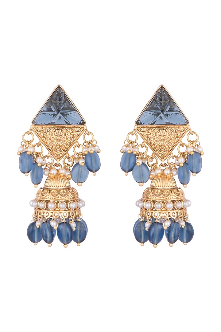 Gold Finish Faux Pearl & Dark Blue Stone Earrings by VASTRAA Jewellery at Pernia's Pop Up Shop