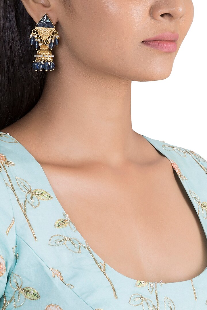 Gold Finish Faux Pearl & Dark Blue Stone Earrings by VASTRAA Jewellery at Pernia's Pop Up Shop