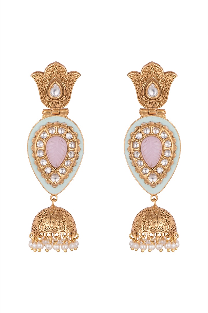 Gold Finish Kundan Polki & Blue Enameled Jhumka Earrings by VASTRAA Jewellery at Pernia's Pop Up Shop