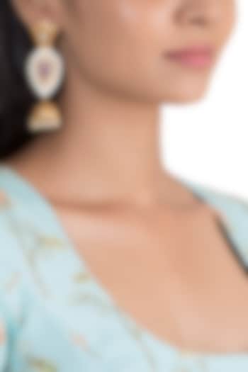 Gold Finish Kundan Polki & Blue Enameled Jhumka Earrings by VASTRAA Jewellery