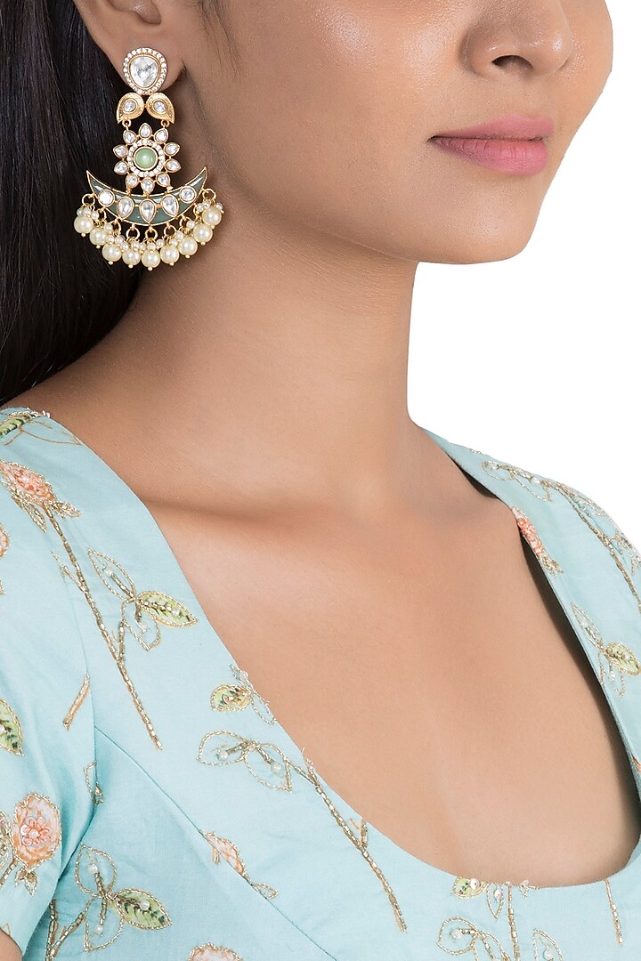 Gold Finish Kundan Polki & Faux Pearl Earrings by VASTRAA Jewellery
