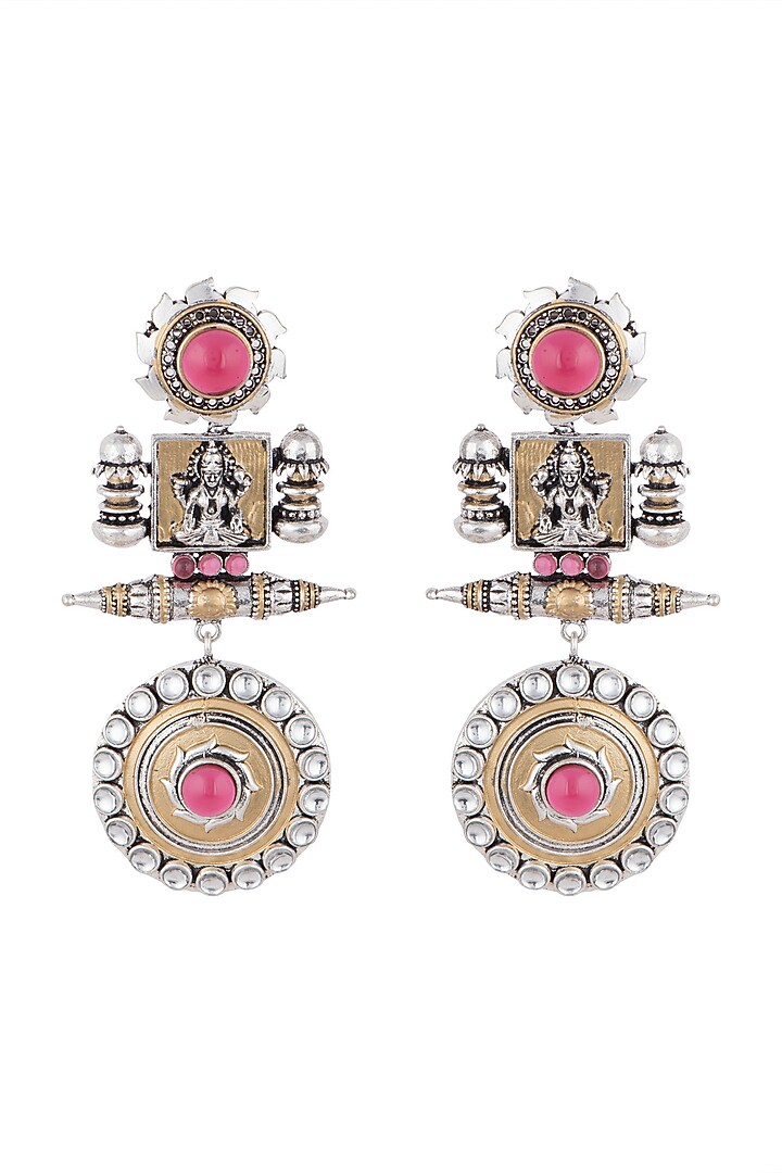 Black Rhodium Finish Kundan Polki & Pink Stone Earrings by VASTRAA Jewellery at Pernia's Pop Up Shop