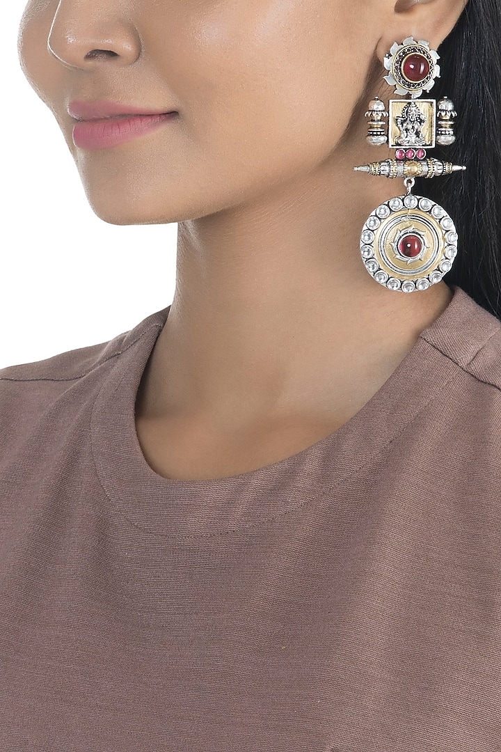 Black Rhodium Finish Kundan Polki & Pink Stone Earrings by VASTRAA Jewellery at Pernia's Pop Up Shop