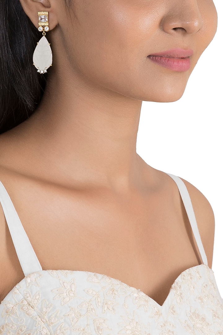Gold Finish Zircon & Light Blue Stone Earrings by VASTRAA Jewellery at Pernia's Pop Up Shop