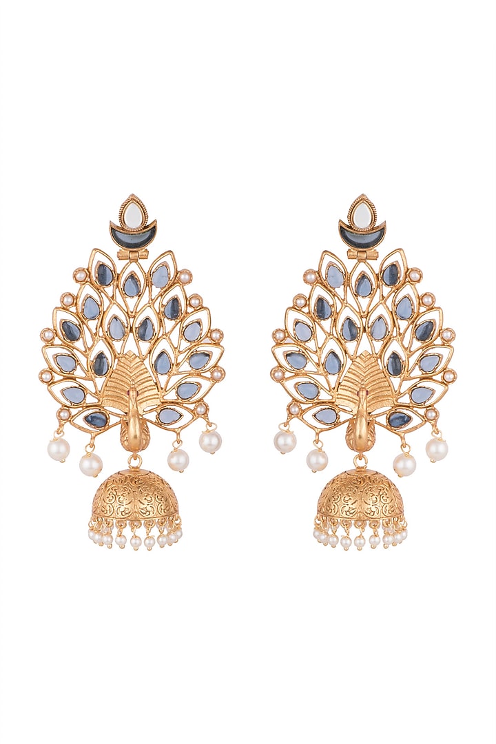 Gold Finish Faux Pearl & Blue Stone Peacock Earrings by VASTRAA Jewellery at Pernia's Pop Up Shop