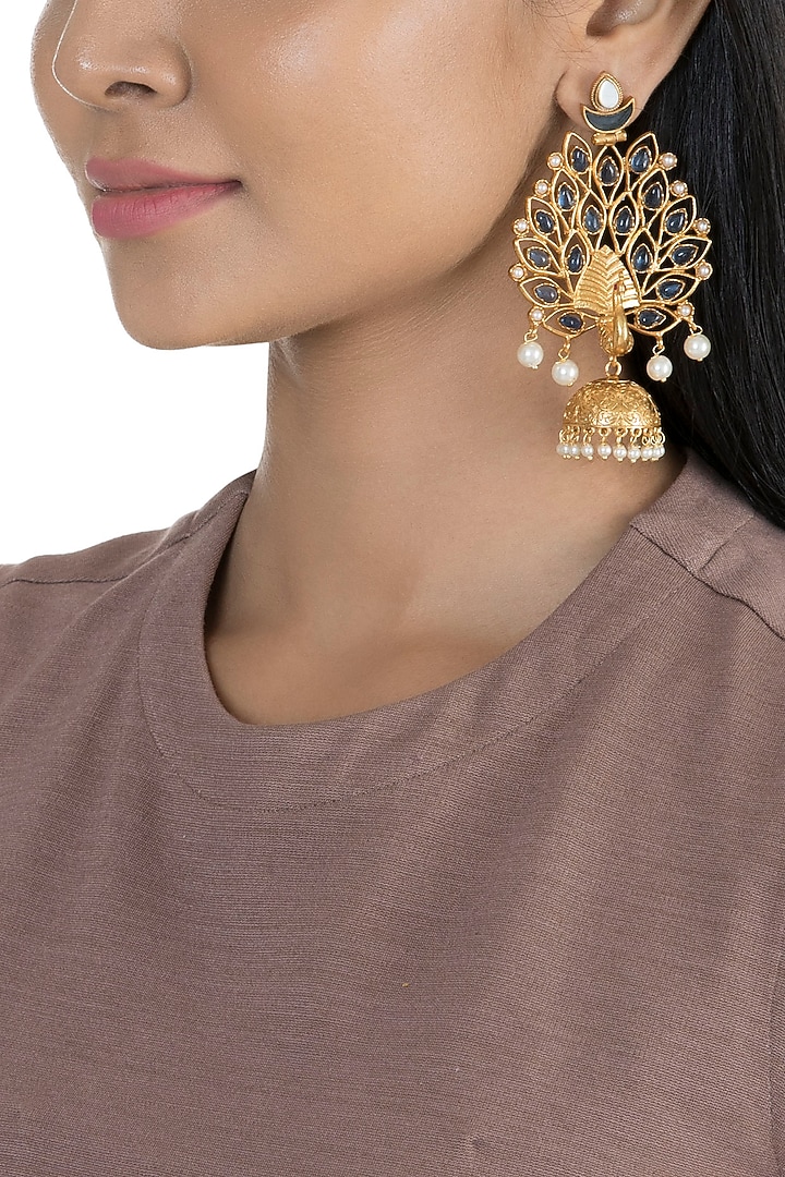 Gold Finish Faux Pearl & Blue Stone Peacock Earrings by VASTRAA Jewellery at Pernia's Pop Up Shop