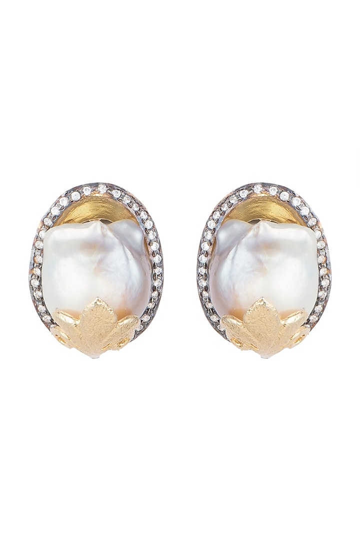 Gold Finish Faux Pearl & Diamond Uneven Shaped Stud Earrings by VASTRAA Jewellery at Pernia's Pop Up Shop