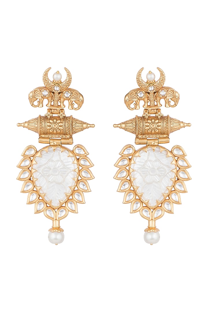 Gold Finish White Stone & Faux Pearl Earrings by VASTRAA Jewellery at Pernia's Pop Up Shop