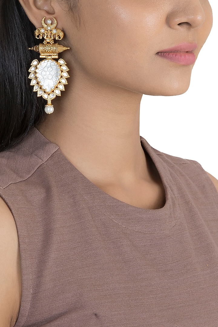 Gold Finish White Stone & Faux Pearl Earrings by VASTRAA Jewellery
