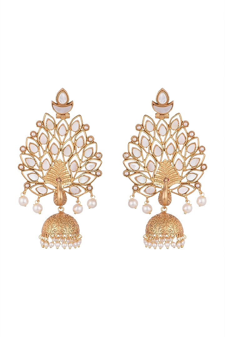 Gold Finish White Stone & Faux Pearl Peacock Earrings by VASTRAA Jewellery at Pernia's Pop Up Shop