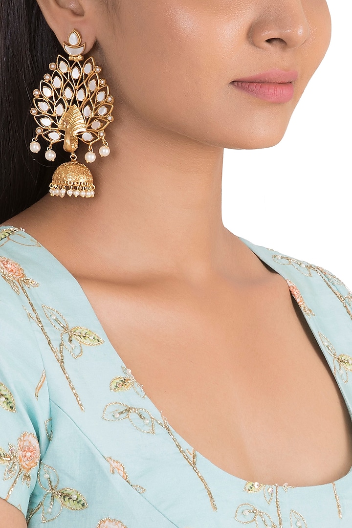 Gold Finish White Stone & Faux Pearl Peacock Earrings by VASTRAA Jewellery