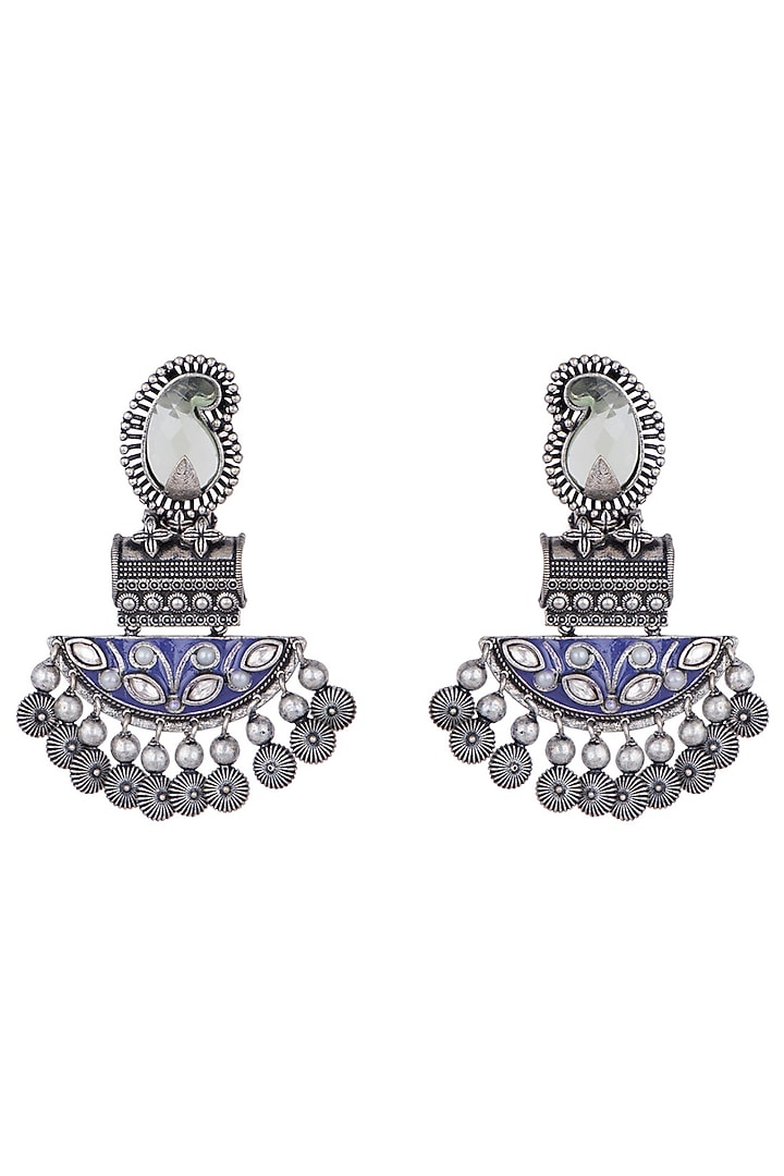 Black Rhodium Finish Green Stone Blue Enameled Earrings by VASTRAA Jewellery at Pernia's Pop Up Shop