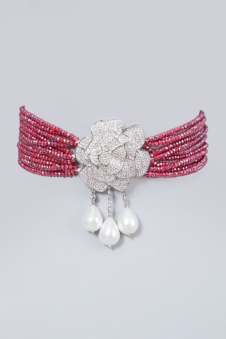 White Finish Zircon & Dark Pink Beaded Choker Necklace by VASTRAA Jewellery at Pernia's Pop Up Shop