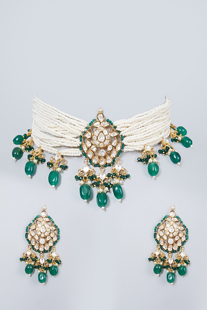 Gold Finish Kundan Polki Beaded Choker Necklace Set by VASTRAA Jewellery at Pernia's Pop Up Shop