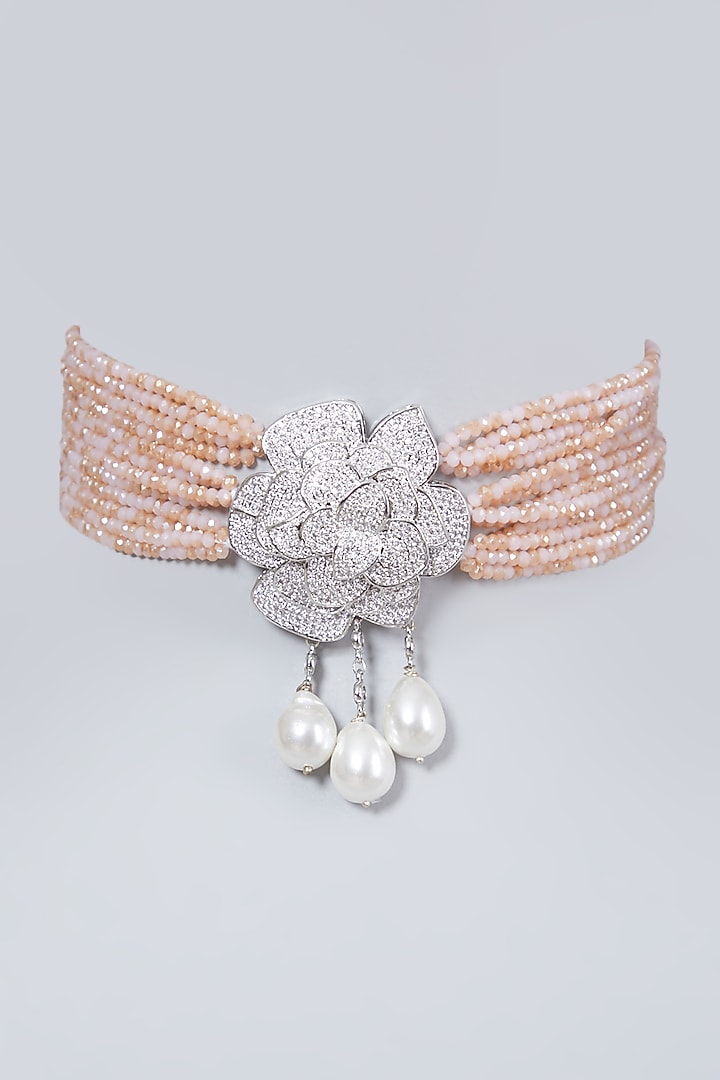 White FInish Zircon & Peach Beaded Choker Necklace by VASTRAA Jewellery at Pernia's Pop Up Shop