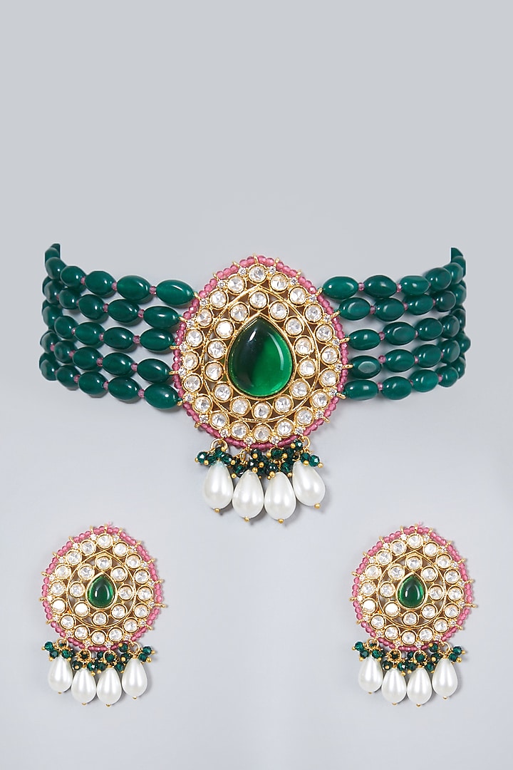 Gold Finish Kundan Polki & Green Beaded Choker Necklace Set by VASTRAA Jewellery at Pernia's Pop Up Shop