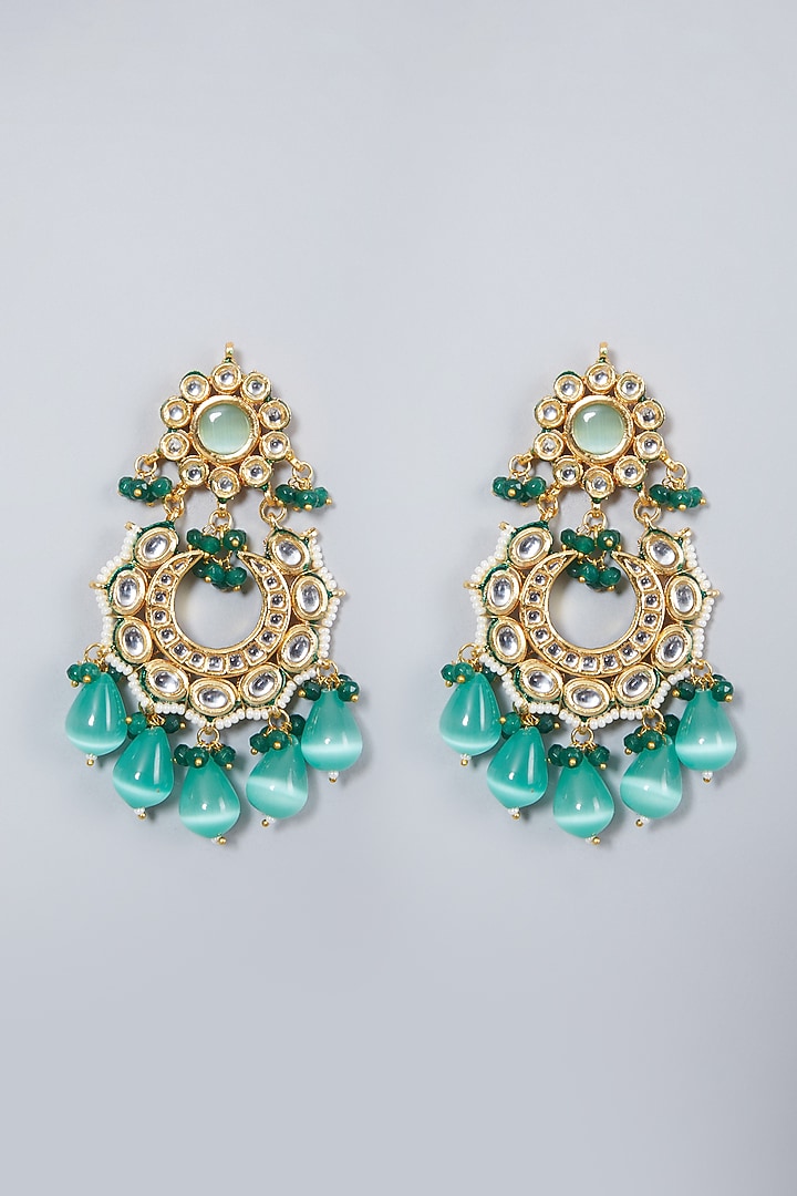 Gold Finish Pearl Drops & Green Beaded Chandbaali Earrings by VASTRAA Jewellery at Pernia's Pop Up Shop