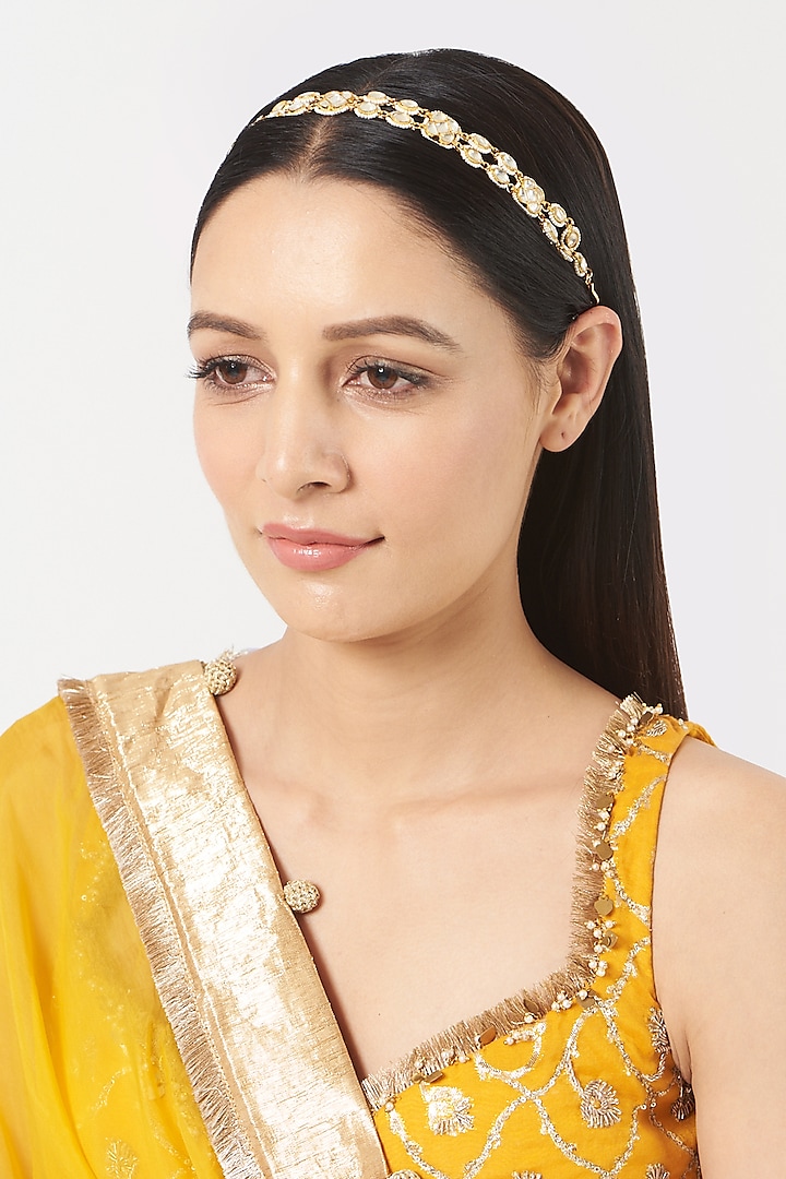 Gold Finish Pachi Kundan Polki Sheeshphool by VASTRAA Jewellery at Pernia's Pop Up Shop