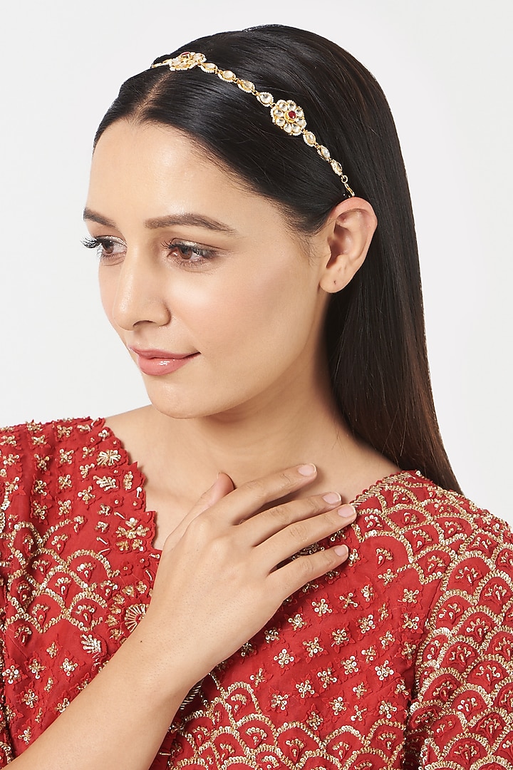 Gold Finish Pachi Kundan Polki Sheeshphool by VASTRAA Jewellery at Pernia's Pop Up Shop