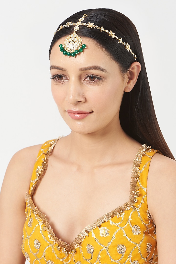 Gold Finish Pachi Kundan Polki & Green Beaded Sheeshphool by VASTRAA Jewellery at Pernia's Pop Up Shop