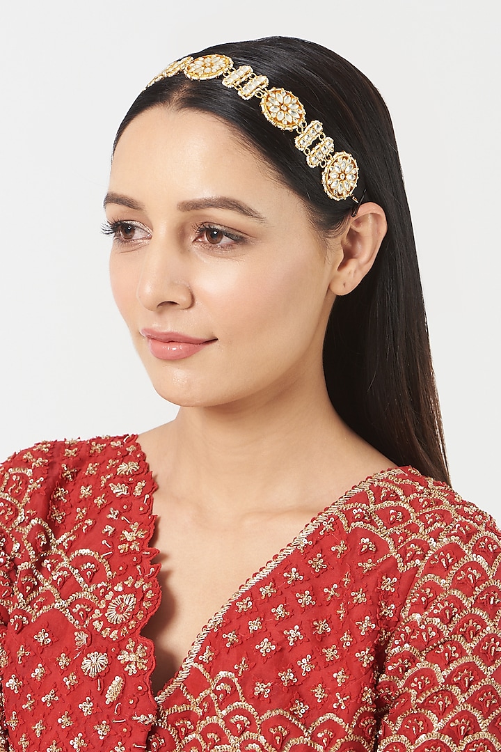 Gold Finish Pachi Kundan Polki Sheeshphool by VASTRAA Jewellery at Pernia's Pop Up Shop