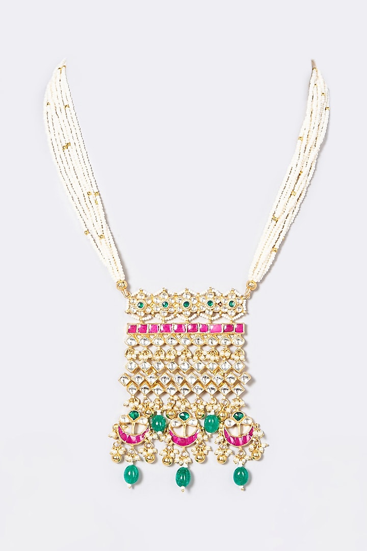 Gold Finish Pachi Kundan Polki & Pearl Long Necklace by VASTRAA Jewellery