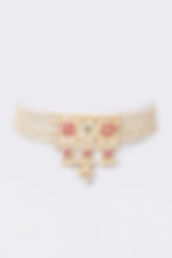 Gold Finish Pachi Kundan Polki Choker Necklace  by VASTRAA Jewellery