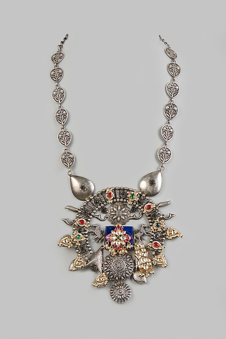 Oxidized Finish Kundan Polki & Synthetic Stone Long Necklace by VASTRAA Jewellery at Pernia's Pop Up Shop