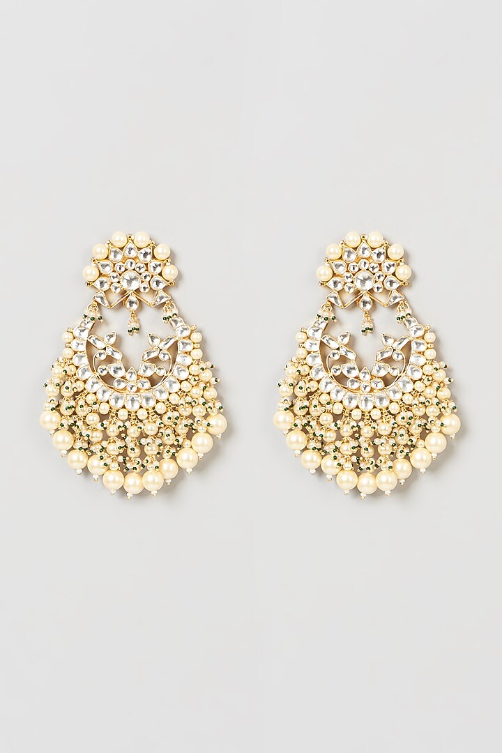 Gold Finish Pachi Kundan Polki & Pearl Chandbali Earrings by VASTRAA Jewellery at Pernia's Pop Up Shop