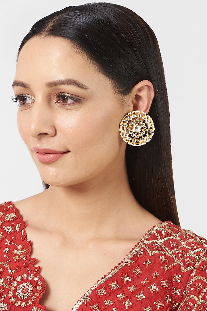 Gold Finish Kundan Polki Stud Earrings by VASTRAA Jewellery
