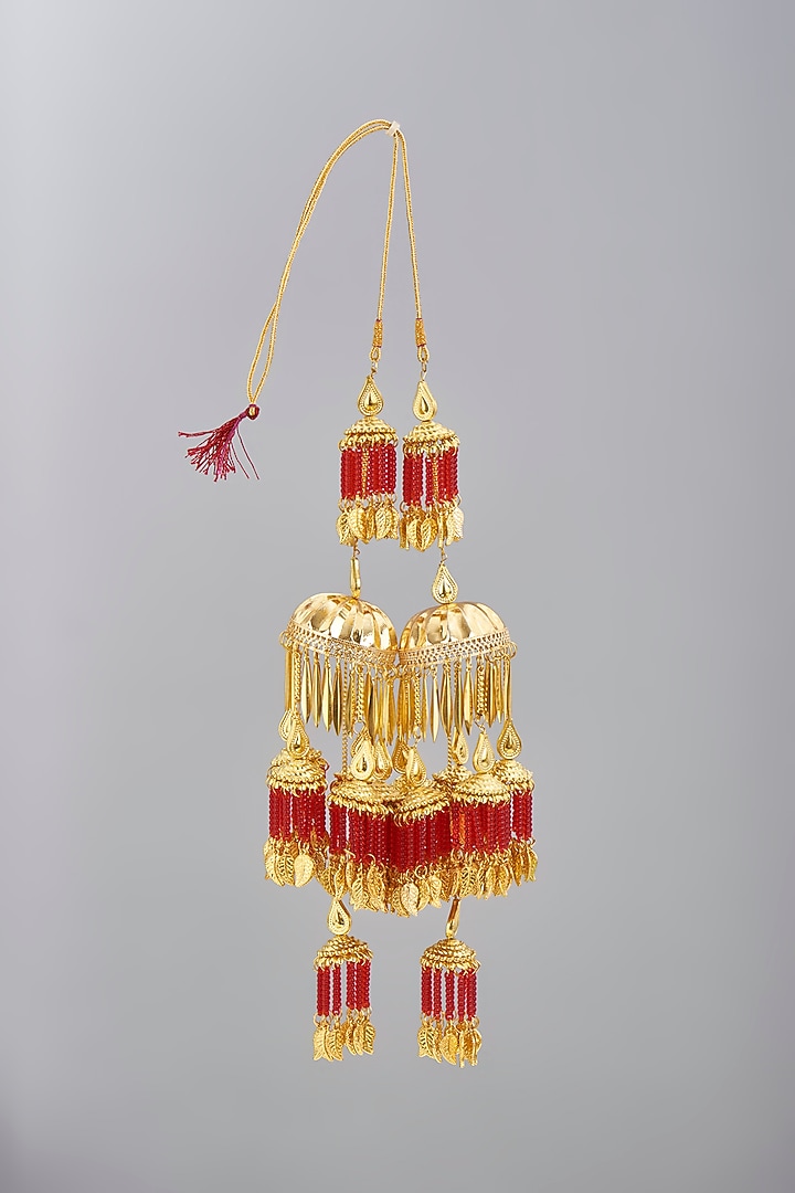 Gold Finish Red Beaded Kaleeras (Set of 2) by VASTRAA Jewellery at Pernia's Pop Up Shop