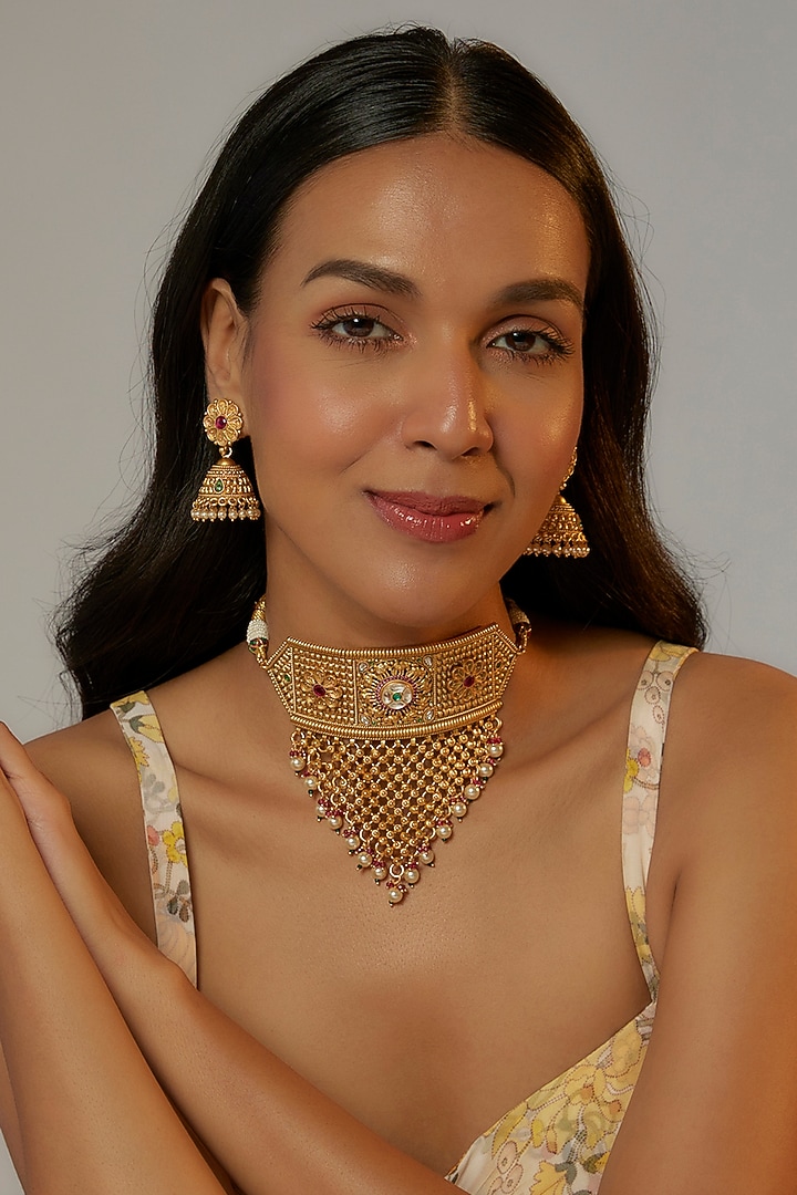 Gold Finish Kundan Polki Temple Choker Necklace Set With Multi-Colored Stones by VASTRAA Jewellery at Pernia's Pop Up Shop