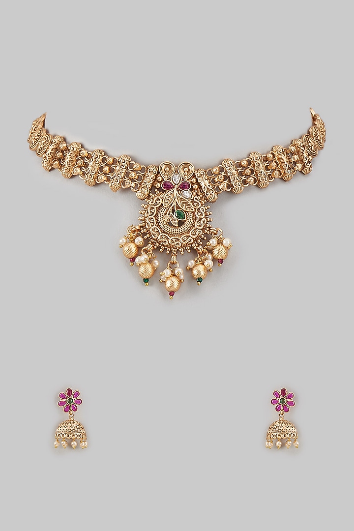 Gold Finish Kundan Polki Temple Necklace Set by VASTRAA Jewellery at Pernia's Pop Up Shop