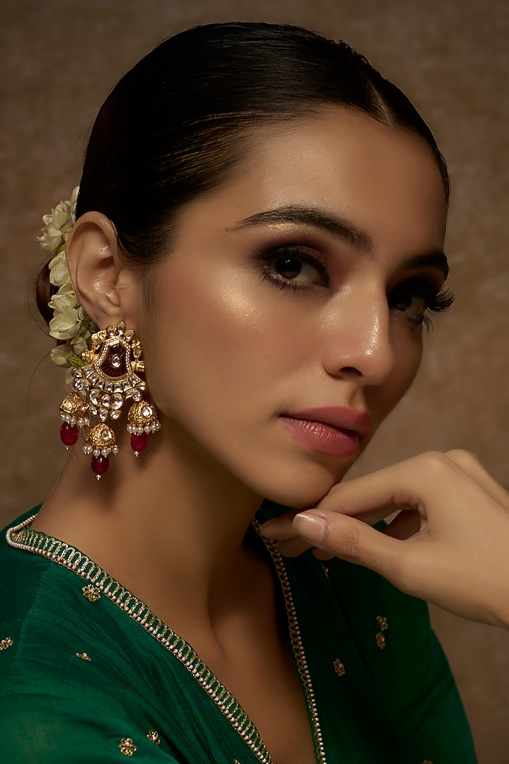 Gold Finish Kundan Polki Temple Dangler Earrings With Red Beads by VASTRAA Jewellery at Pernia's Pop Up Shop