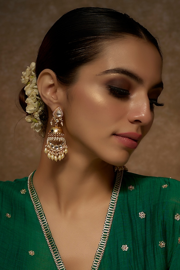 Gold Finish Kundan Polki Temple Chandbali Earrings by VASTRAA Jewellery at Pernia's Pop Up Shop