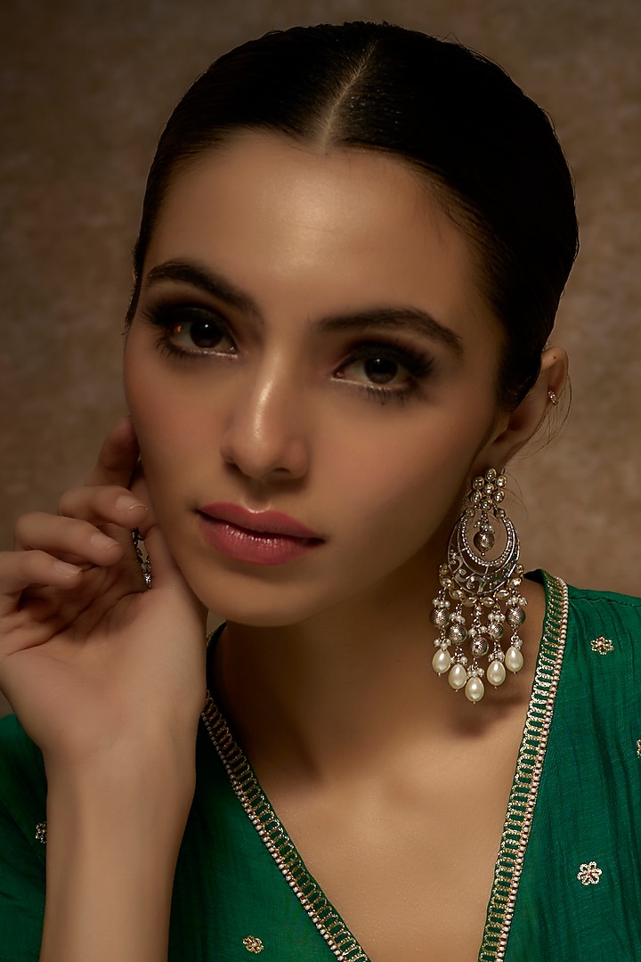 Two Tone Finish Kundan Polki & Pearl Temple Chandbali Earrings by VASTRAA Jewellery at Pernia's Pop Up Shop