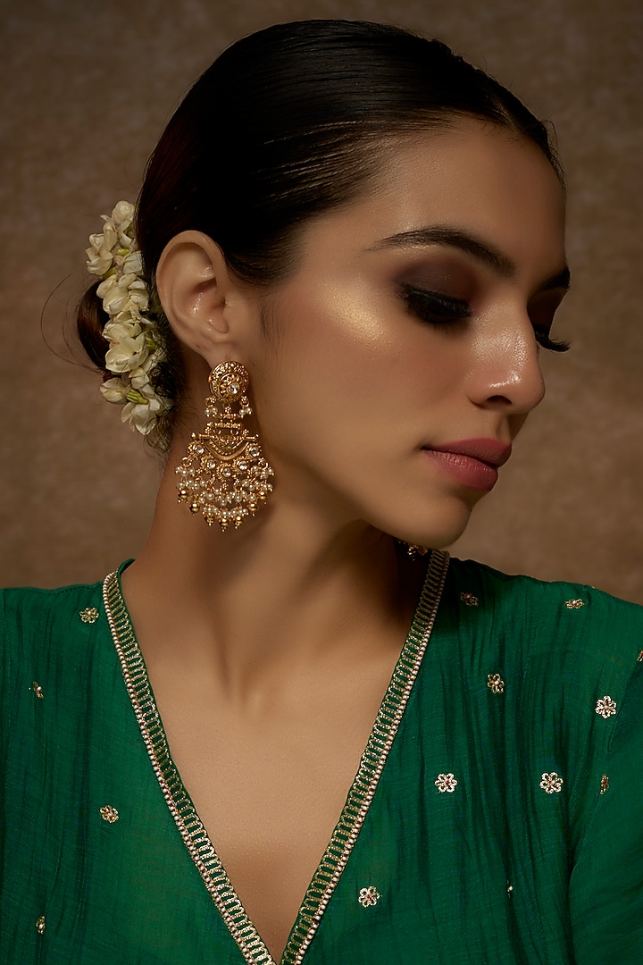 Gold Finish Kundan Polki Temple Dangler Earrings With Pearls by VASTRAA Jewellery at Pernia's Pop Up Shop