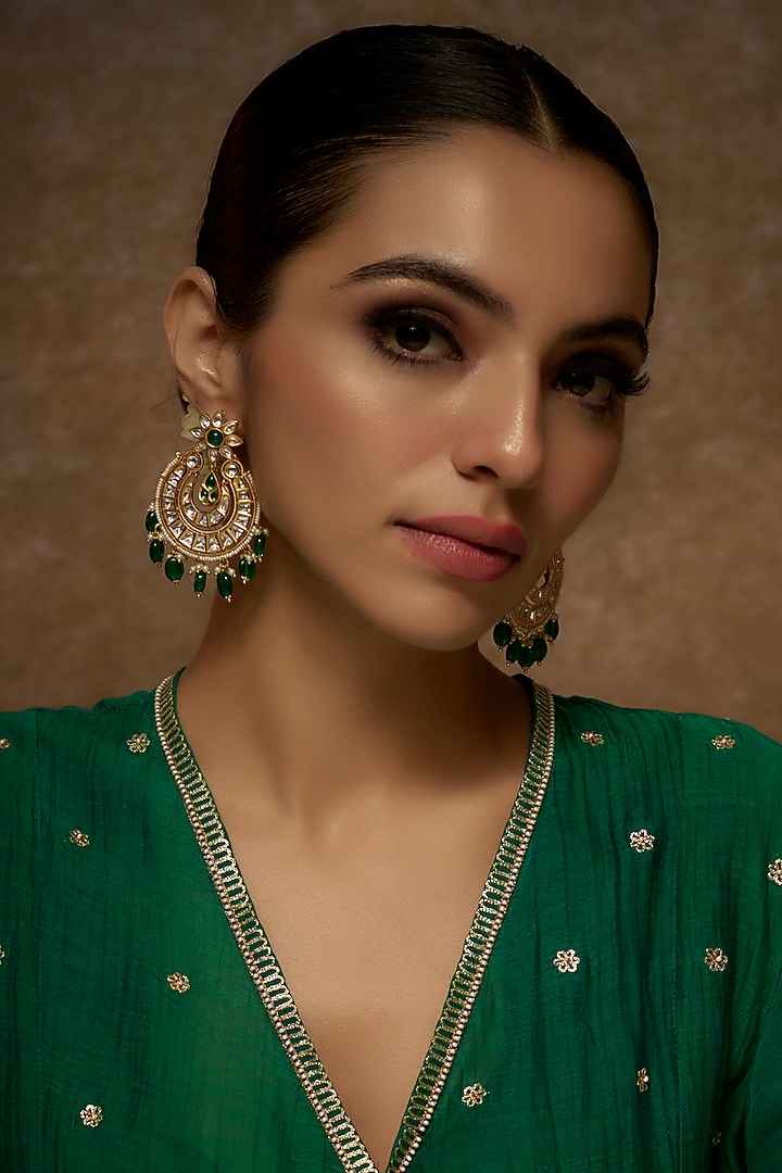Gold Finish Kundan Polki Temple Chandbali Earrings by VASTRAA Jewellery at Pernia's Pop Up Shop