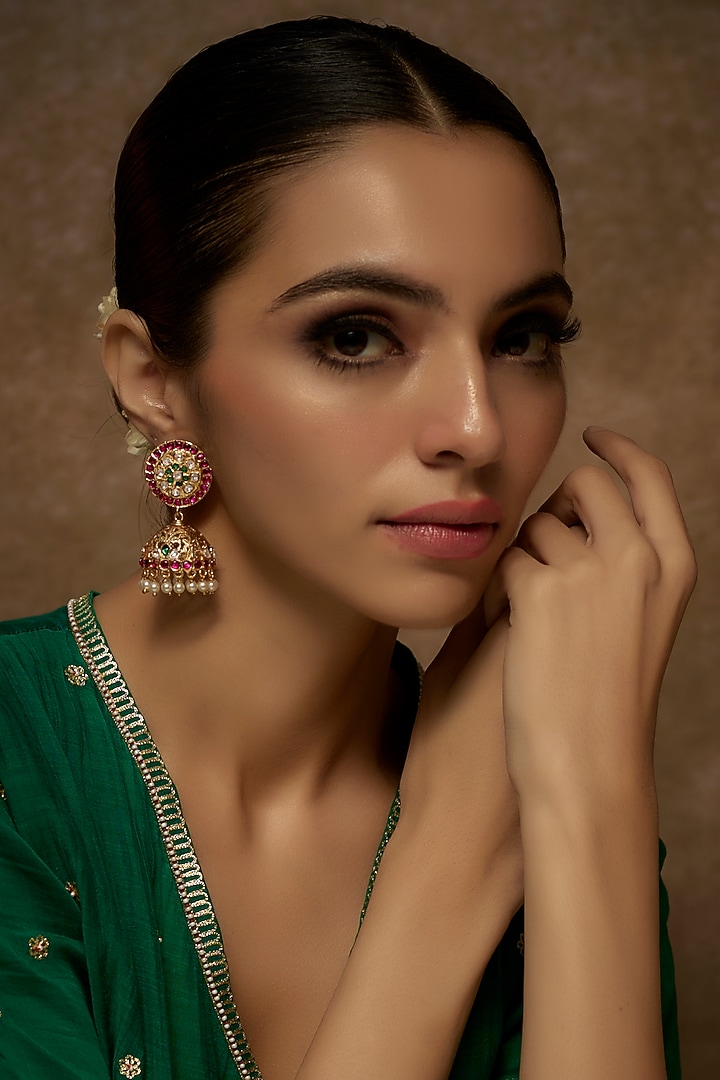 Gold Finish Kundan Polki Temple Jhumka Earrings by VASTRAA Jewellery at Pernia's Pop Up Shop