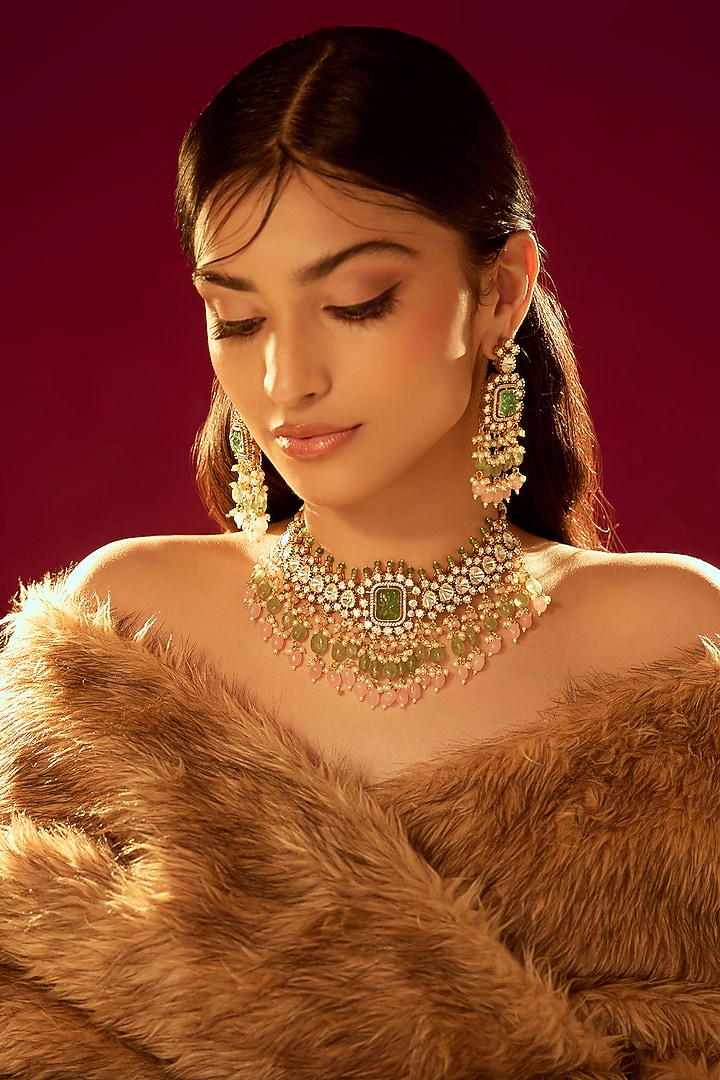 Gold Finish Kundan Polki Choker Necklace Set by VASTRAA Jewellery at Pernia's Pop Up Shop