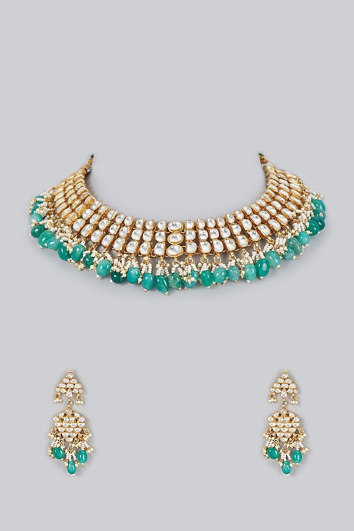 Gold Finish Kundan Polki & Green Beaded Choker Necklace Set by VASTRAA Jewellery at Pernia's Pop Up Shop