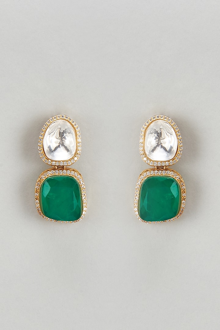 Gold Finish Kundan Polki & Green Stone Dangler Earrings by VASTRAA Jewellery at Pernia's Pop Up Shop