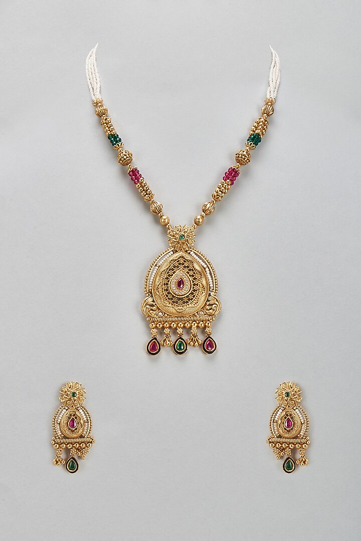 Gold Finish Kundan Polki & Pearl Temple Long Necklace Set by VASTRAA Jewellery at Pernia's Pop Up Shop