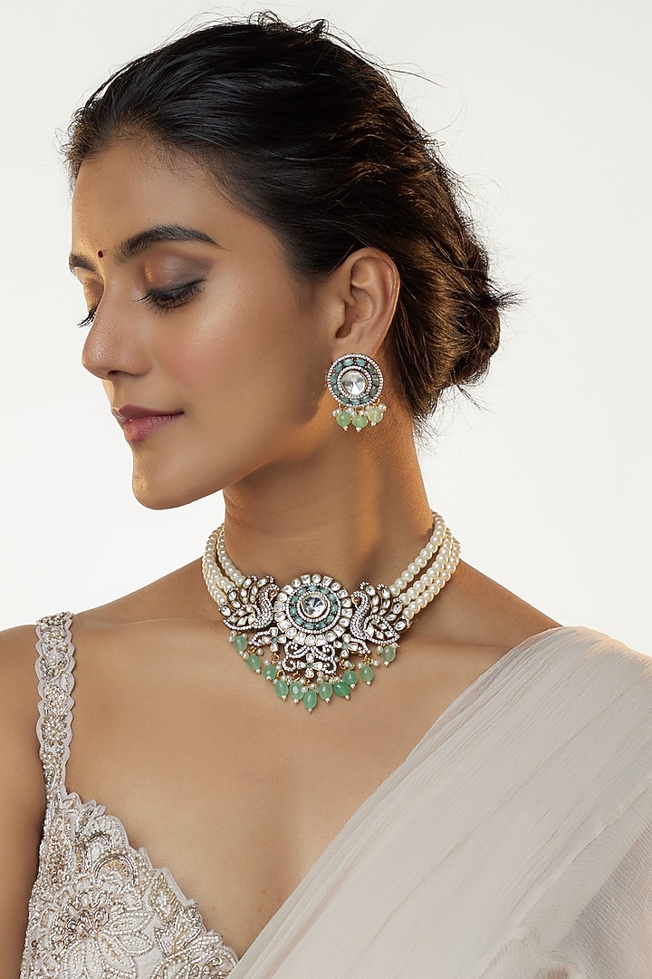 Two Tone Finish Kundan Polki & Emerald Long Necklace Set by VASTRAA Jewellery at Pernia's Pop Up Shop