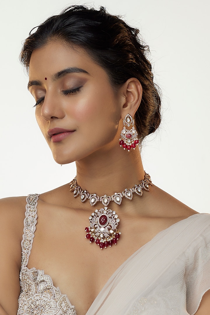 Gold Finish Kundan Polki & Ruby Long Necklace Set by VASTRAA Jewellery