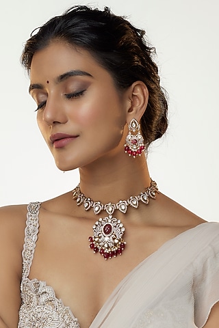 Gold Finish Kundan Polki & Ruby Long Necklace Set by VASTRAA Jewellery